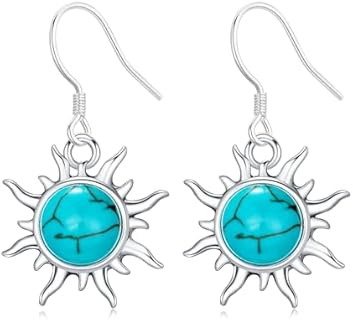 French Wire Sun Design Sterling Silver Drop Earrings with Genuine Turquoise for Women - Native American Inspired Wedding Ring