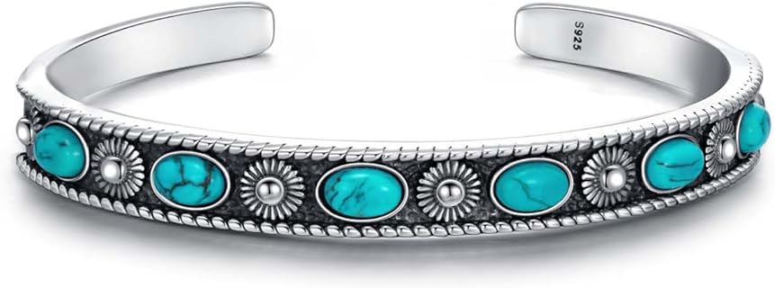 Boho Style 925 Sterling Silver Turquoise Bracelet Cuff for Women Men Native American Jewelry Adjustable Bangle Gift 6.5 7 7.5 Inch