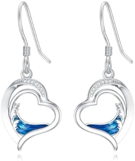 Women's Diamond Heart Dangle Earrings with Beach Wave Design, 925 Sterling Silver, Perfect Jewelry Gift for Loved Ones
