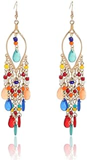 Bohemian Ethnic Colorful Long Tassel Drop Dangle Earrings Handmade Retro Gypsy Crystal Beaded Dangle Earring Statement Jewelry for Women Girls Gifts