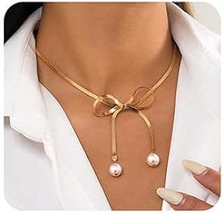 Boho Bow Choker Necklace Pearl Pendant Necklace Gold Snake Chain Necklace Dainty Bow Tie Necklace for Women and Girls
