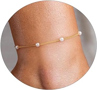VIROMY Ankle Bracelets for Women Gold Chain 14K Gold Plated Pearls Beads Anklet Dainty Beach Summer Simple Foot Anklets for Girls