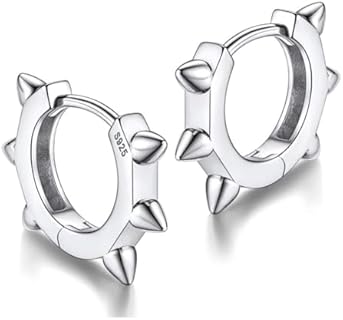 Spike Punk 925 Sterling Silver Hoop Earrings with Snap Back for Men and Women, Hypoallergenic, Nickel-Free, USA Origin