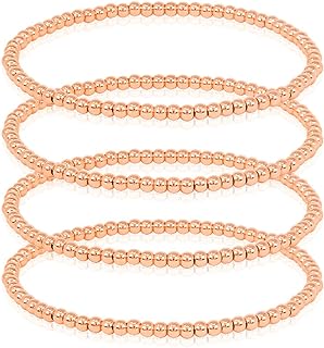 SM Stainless Steel Gold Silver Rose gold Beaded Ball Bracelets 4PCS Set for Women Stretchable Elastic Bracelet (3mm - Rose gold, Stainless Steel)