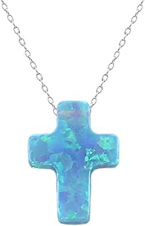 ZS Blue Opal Cross Pendant Choker Necklace Sterling Silver Charming Collar Necklace