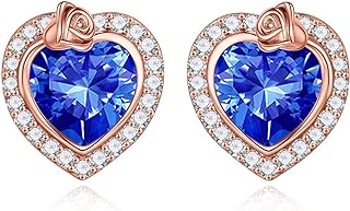Push Back Blue Sapphire Birthstone Stud Earrings in Sterling Silver for Women, Rose Heart Design