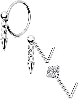 OUFER Surgical Steel 3PCS Set Nose Studs with Cubic Zirconia, Screw Back & L-shaped Design - Ideal for Everyday Wear and Special Events