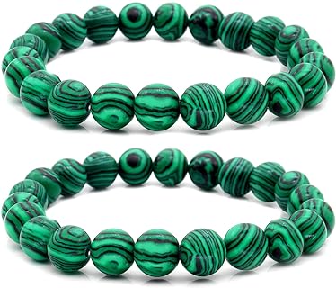 Stretchable Malachite Bead Bracelet Set by HUJUON for Men and Women, Crafted with Natural Stone and Zinc Elements