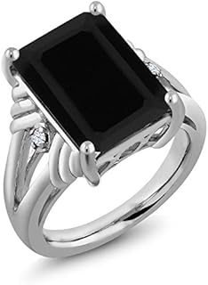 Gem Stone King 925 Sterling Silver Black Onyx and White Created Sapphire Engagement Ring For Women (7.38 Cttw, Gemstone December Birthstone, Emerald Cut 14X10MM, Available in Size 5,6,7,8,9)