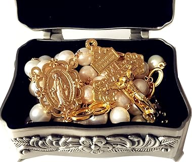 elegantmedical Handmade Gold White Pearls Bead Necklace Lasso Wedding Rosary Cross Crucifix Catholic gift