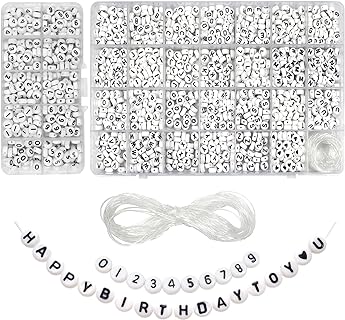 TOAOB 1940pcs Acrylic Alphabet Beads 4x7mm White Round Letter Beads Sorted Letter Heart Number Beads with Elastic String for Bracelets Jewelry Making