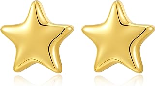 Gold Star Stud Earrings with Push Back for Women, TONLUYAX Brass Star Jewelry