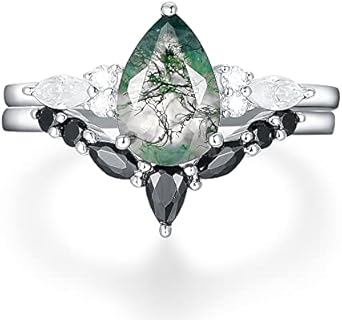 Natural Moss Agate 1.50 Carat Pear Cut Wedding Rings Sets Genuine Moissanite Engagement Ring Black Spinel Eternity V Shaped Wedding Band Art Deco Ring Sets Platinum Plated 925 Silver Statement Ring Gifts For Women Dainty Promise Ring