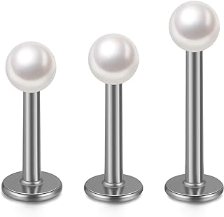 Elegant Stainless Steel White Simulated Pearl Labret Monroe Nose Studs in Various Sizes - Pack of 6