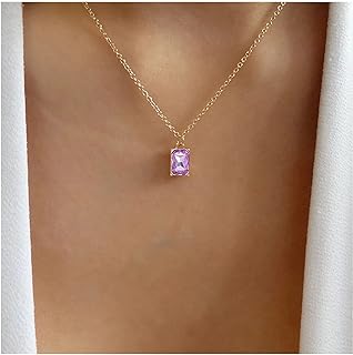 Vintage Amethyst Square Necklace Choker Purple Gemstone Pendant Necklace Minimalist Rectangular Crystal Necklace Cz Rhinestone Necklace Jewelry for Women and Girls