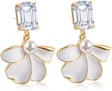 White Gardenia Flower Dangle Earrings - Gold Plated Bridesmaid Statement Floral Wedding Earrings for Women Girls, by Smilephil