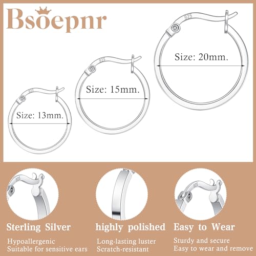 3 Pairs 925 Sterling Silver Hoop Earrings for Women 14K White Gold Plated Silver Hoop Earrings Hypoallergenic Small Silver Hoop Earrings for Men Girls 13/15/20mm