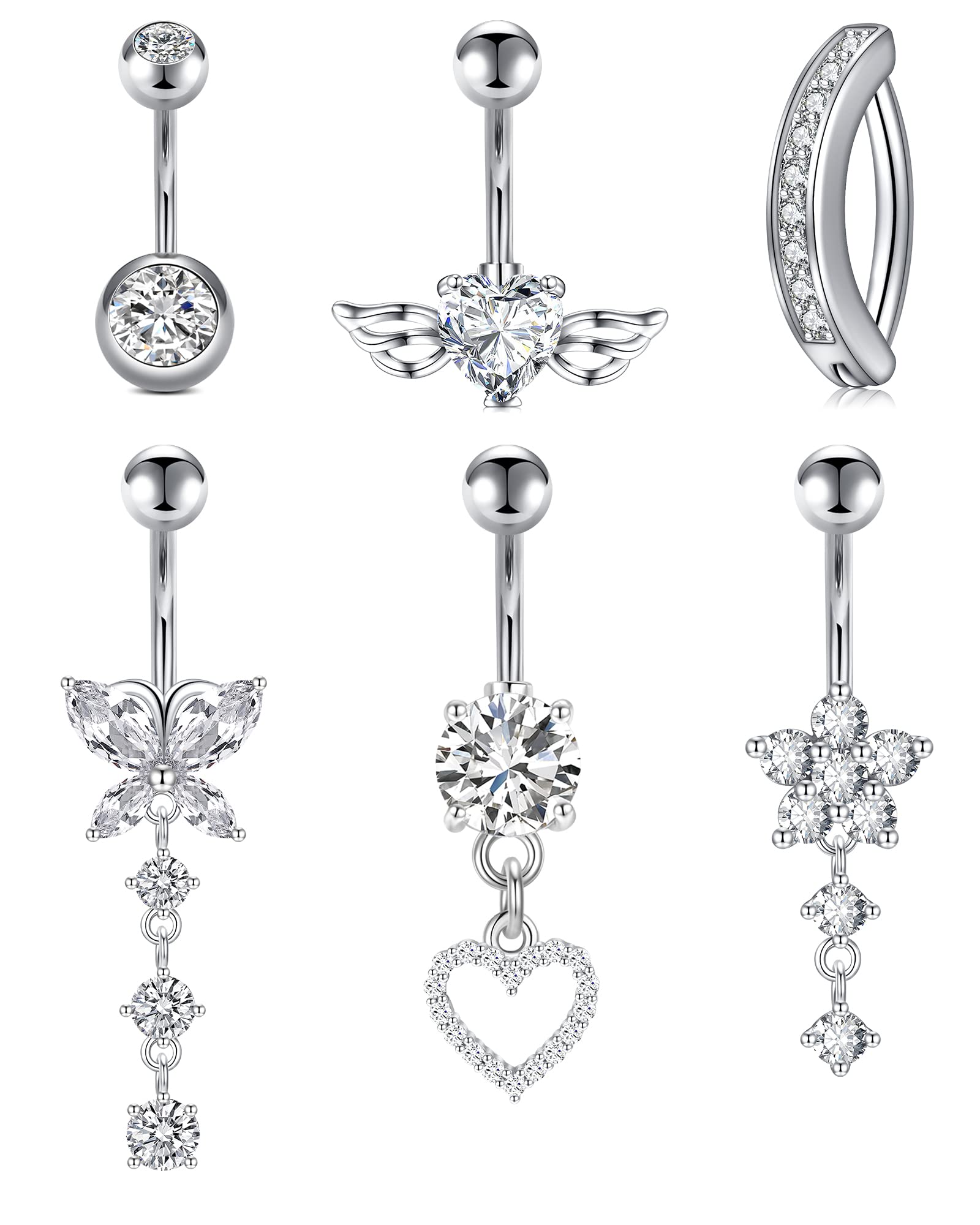 QWALIT Belly Button Ring Surgical Steel Belly Rings Silver Rose Gold Belly Button Rings for Women Belly Button Piercing Dangle Belly Button Rings Dangling 14g Navel Rings Butterfly