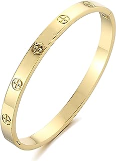 18K Gold Plated Friendship Love Bracelet Women Stainless Steel Cuff Oval Bangle Simple Hinged Bangle Jewelry