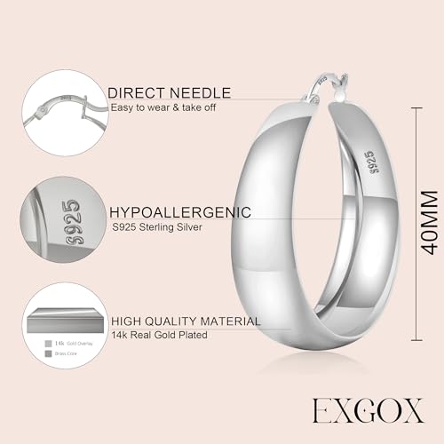 EXGOX Gold Hoop Earrings for Women Sterling Silver Post Hoops Earrings for Women Wide Thick Silver Hoop Earrings Hypoallergenic Lightweight 14k Real Gold Plated Hoop Large Earrings (25/30/40/50MM)