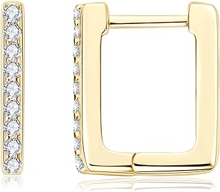 PROSTORY Sterling Silver Moissanite 14K Gold Plated Small Hoop Earrings for Women, D-Color VVS1 Clarity Brilliant Lab Created Square Diamond Earrings with Easy Back Finding Design
