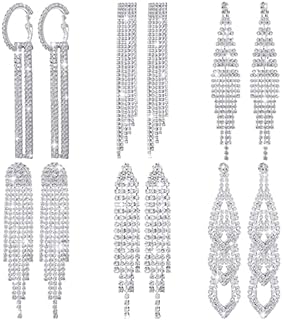 Sureio 6 Pairs Long Earrings Silver Chandelier Tassel Dangle Earrings for Women Wedding Prom Party Jewelry Fringe Rhinestone Earrings Boho Tassel Drop Dangle Crystal Earrings(Delicate Style)
