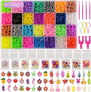 Colorful Rainbow MUDO NEST Craft Kit: 11,860+ Durable Plastic Loom Bands, Clips, Beads, Charms Bracelet-Making Set for Kids