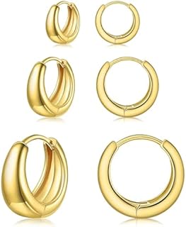 Small Gold Hoop Earrings Set for Women Chunky Hoops Huggie Earrings 3 Pairs 14k Gold Plated Hypoallergenic Lightweight Jewelry Gifts