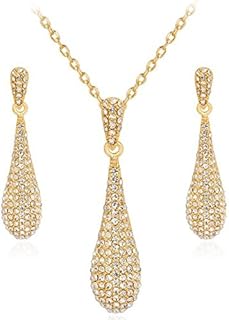 YINLI Rhinestone and Crystal Tear Drop Pendant Necklace and Earring Set with Lobster Clasp in Gold Alloy