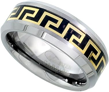 Sabrina Silver Tungsten Carbide 8 mm Flat Wedding Band Ring Gold Greek Key Inlay Beveled Edges, sizes 7 to 14