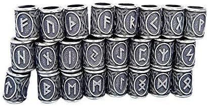 24-Piece Viking Bead Necklace with Round Clasp for Men and Women, Norse Rune Design, Silver Zinc Alloy for Hair, Beard and Braids