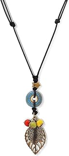 Colorful Ceramic Beads Leaf Lariat Long Necklace Boho Hippie Vintage Jewelry Gifts for Women Hippie Ethnic Ceramic Beads Strand Necklace Tassel Beaded Jewelry Gifts for Women