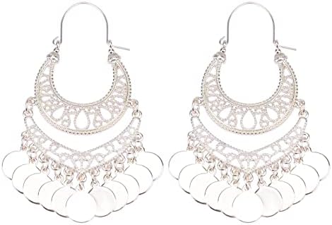 Bohemian Chandelier Earrings Coin Disc Tassel Dangle Filigree Earrings