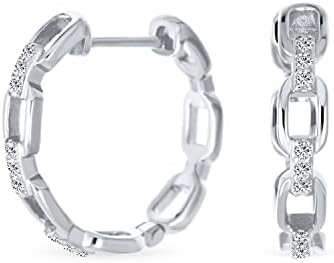 Hinge Clasp Geometric U Rectangle Cubic Zirconia Chain Link Hoop Earrings for Women, Rhodium-Plated Sterling Silver Design