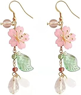 Pink Flower Dangle Earrings for Women Girls Cute Cherry Blossoms Earrings Pearl Leaf Sakura Floral Drop Earrings Fairy Earrings Floral Tassel Earrings Summer Holiday