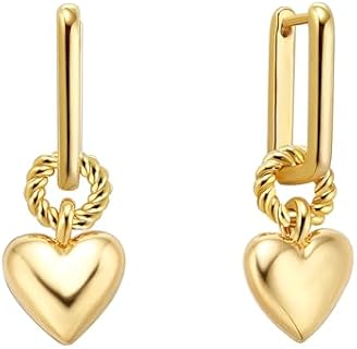 14K Gold-Plated Brass Heart Hoop Earrings with Cubic Zirconia for Women, Hypoallergenic Handmade Dangle Drop Design