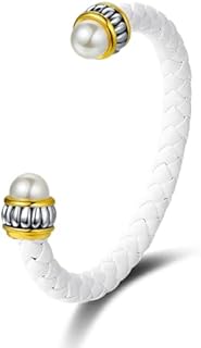 UNY JEWEL Jewelry Handcrafted Women Braided Leather Open Cuff Bracelet Bumpy Caviar Imitation Pearl Bangle Christmas Valentine Gifts