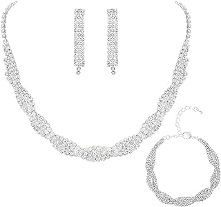 Lobster Clasp Crystal-Embellished Wedding Jewelry Set for Women and Girls by Unicra - Durable Alloy, Silver Rhinestone Necklace, Earrings, and Bracelet