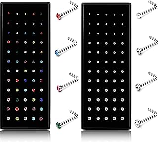 Helicopchain 60-240Pcs L Shaped Nose Ring 316 Stainless Steel with Cubic-Zirconia in Hypoallergenic Design for Men and Women