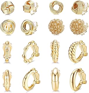 JeryWe 8 Pairs 14K Gold Clip On Earrings for Women Fashion Clip On Earrings Gold Silver Chunky Hoop Earrings No Piercing Fake Earrings for Teen Gift Hypoallergenic