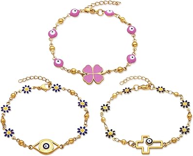 3Pcs Evil Eye Protection Blessing Lucky Bracelet for Women,14K Gold Plated Stainless Steel Amulet Hamsa Hand Bracelets, Compass Heart Cross Four-leaf Clover Wing Charm link Chain Bracelet
