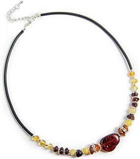 Handmade Authentic Baltic Amber Pendant Necklace with Vintage Metal Clasp - Adjustable Adult Amber Bead Collar on Black Rubber Cord - Unique Lithuanian Amber Jewelry Gift