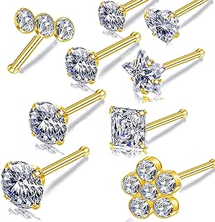 14k Gold Plated 316L Surgical Steel 22g/20g/18g Nose Rings Studs L-Shape Bone Screw Nostril Piercing 1.5mm 2mm 2.5mm 3mm 3.5mm 4.5mm CZ Nose Studs for Women