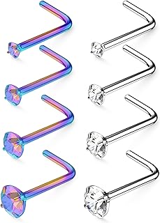 Nose Rings For Women & Men Set - Hypoallergenic Nose Studs L Shaped Crystal Pack - Nose Ring Nostril Piercing Jewelry (choose GAUGE - QUANTITY - COLOR & CRYSTAL)