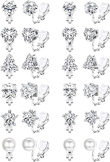 Subiceto 12 Pairs Cubic Zirconia Clip on Earrings Women Non Pierced Earrings Silver Cubic Zirconia Crystal Pearl Clip On Stud Earrings 6mm 8mm