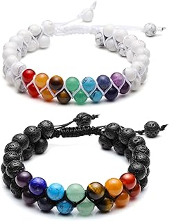 Top Plaza 2pcs Couple Bracelets Healing Crystal Black Agate White Turquoise Bracelets for Couples Matching Heart Bracelet for Lover Him & Her Boyfriend Girlfriend Valentine's Day Gifts