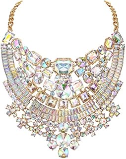 Flyonce Iridescent Rhinestone Chunky Necklace, Clear AB Crystal Art Deco Costume Statement Collar Bib Necklace for Women Gold-Tone