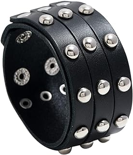 Men's Genuine Leather Cuff Punk Metal Rock Bracelets for Men Women, Metal Emo Beads Bracelets Wristbands Adjustable Wrap