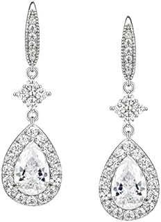 SWEETV Cubic Zirconia Teardrop Wedding Earrings for Brides Bridesmaids, Rhinestone Bridal Earrings, Crystal Drop Dangle Earrings for Women Prom Party