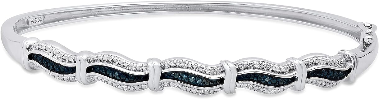 Dazzlingrock Collection 0.10 Carat (ctw) Round Blue & White Diamond Ladies Swirl Bangle Bracelet 1/10 CT, Sterling Silver